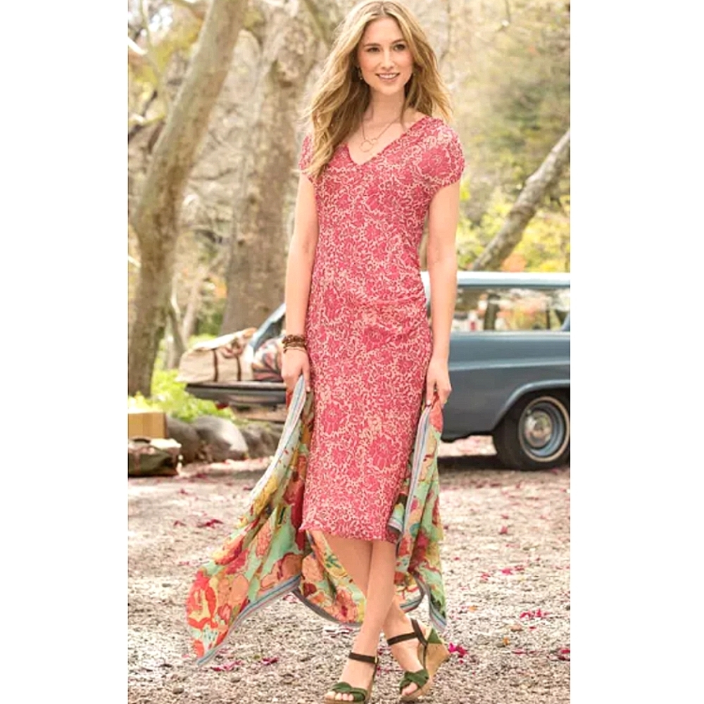 Sundance 🌸 Wine Song Coral Floral Midi Dress Silk Sz 10